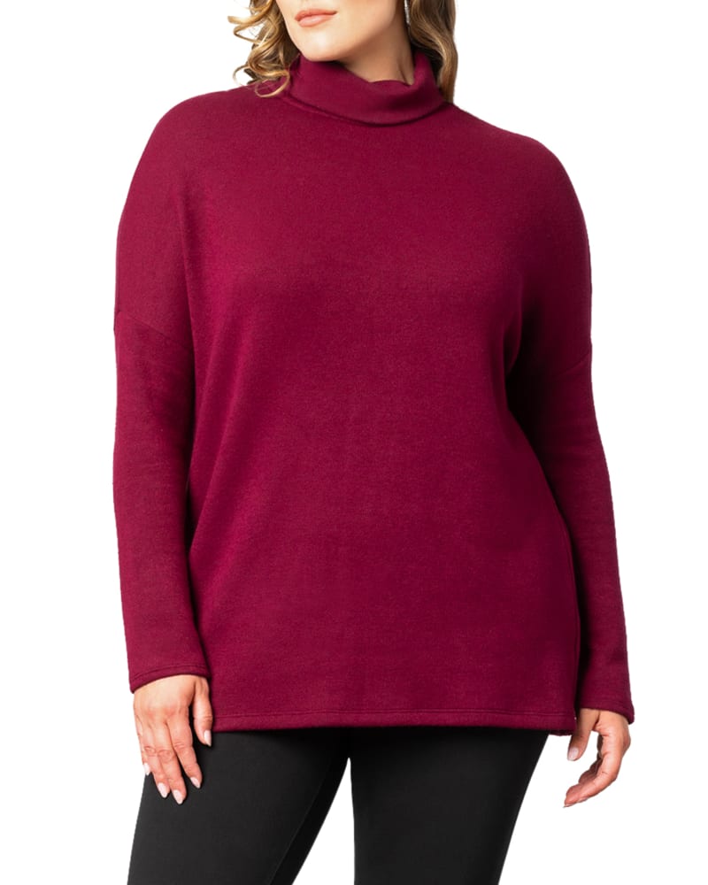 Front of a model wearing a size 2X Paris Turtleneck Tunic Sweater in BURGUNDY by Kiyonna. | dia_product_style_image_id:316126